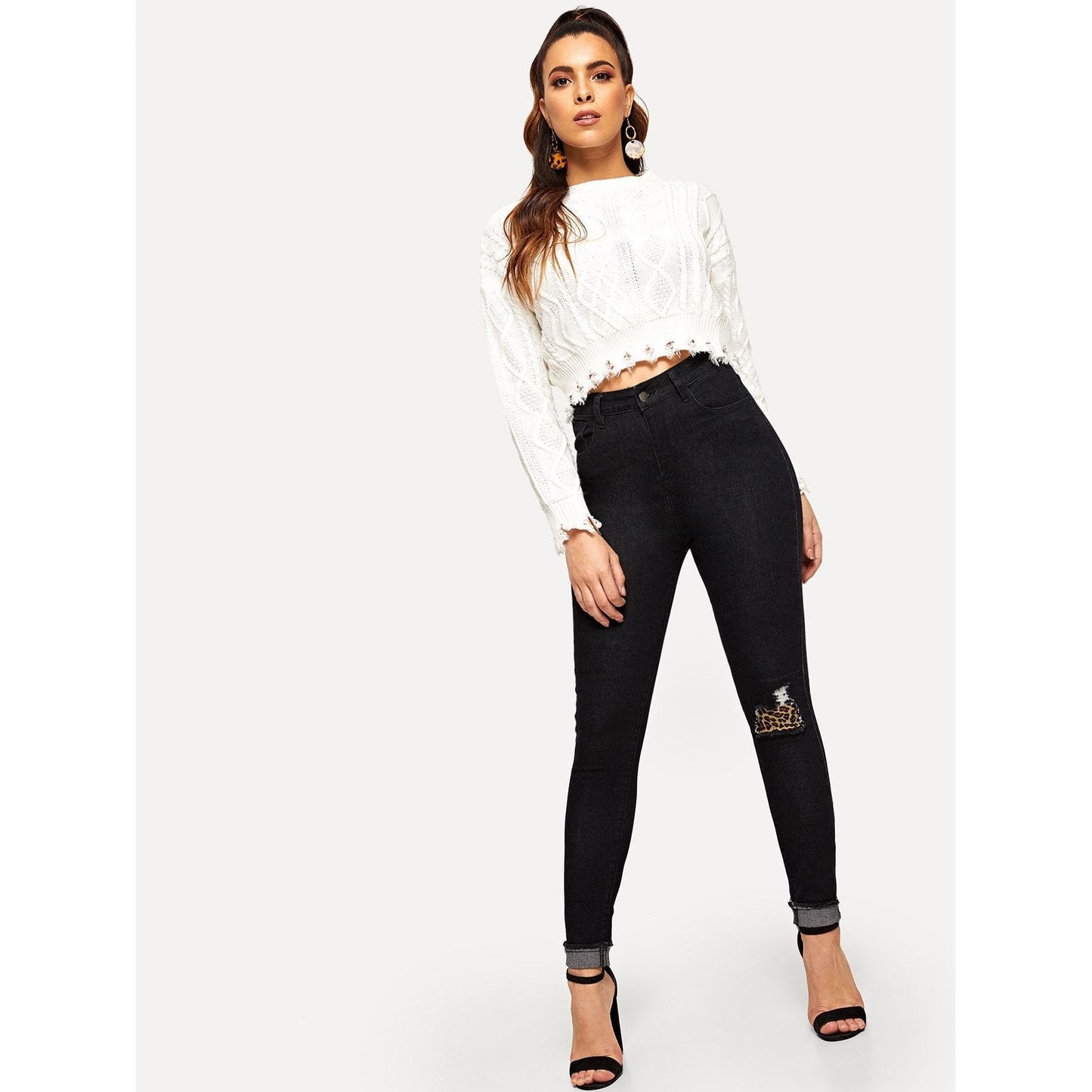 Leopard Panel Ripped Skinny Jeans