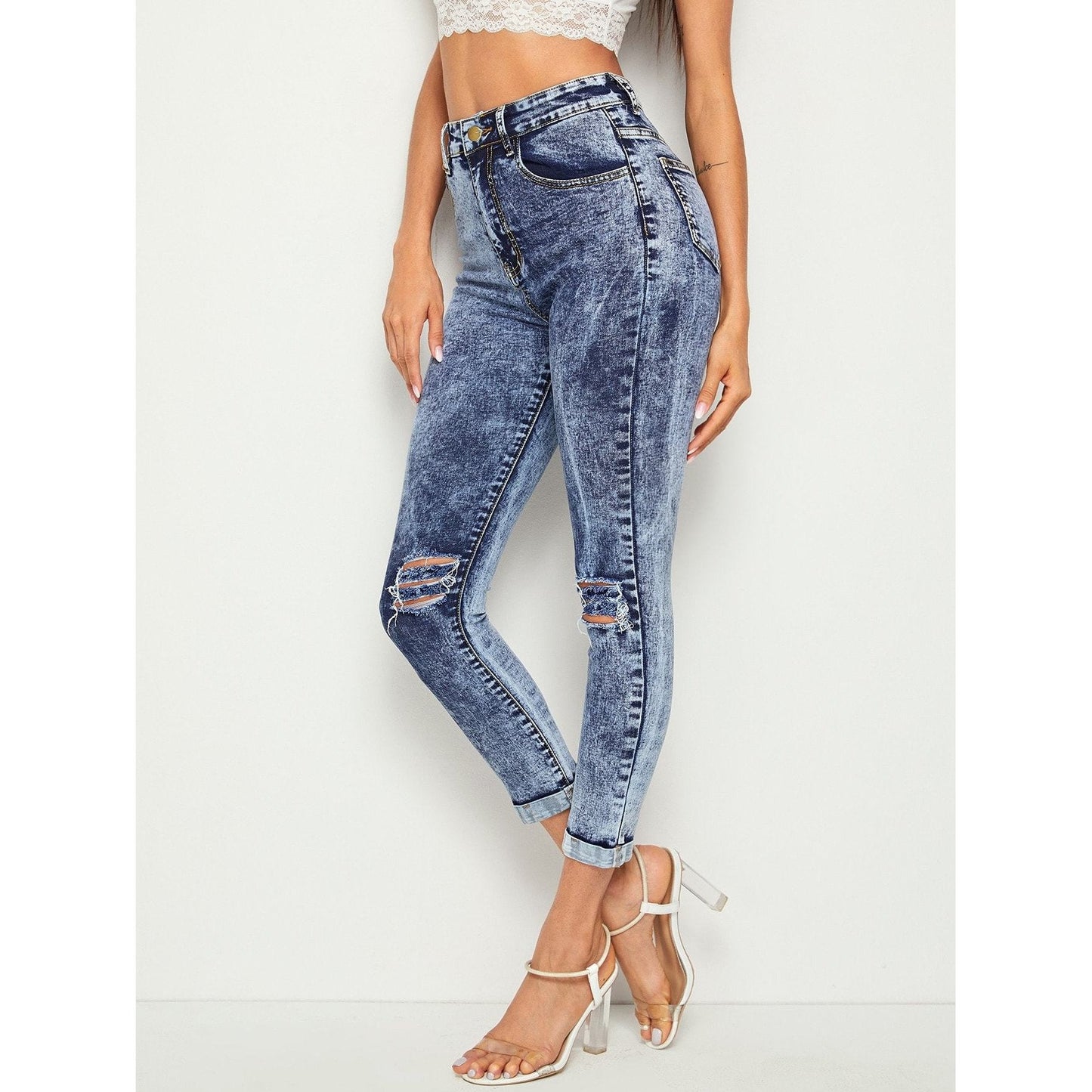 Ripped Cuffed Hem Flakes Skinny Jeans
