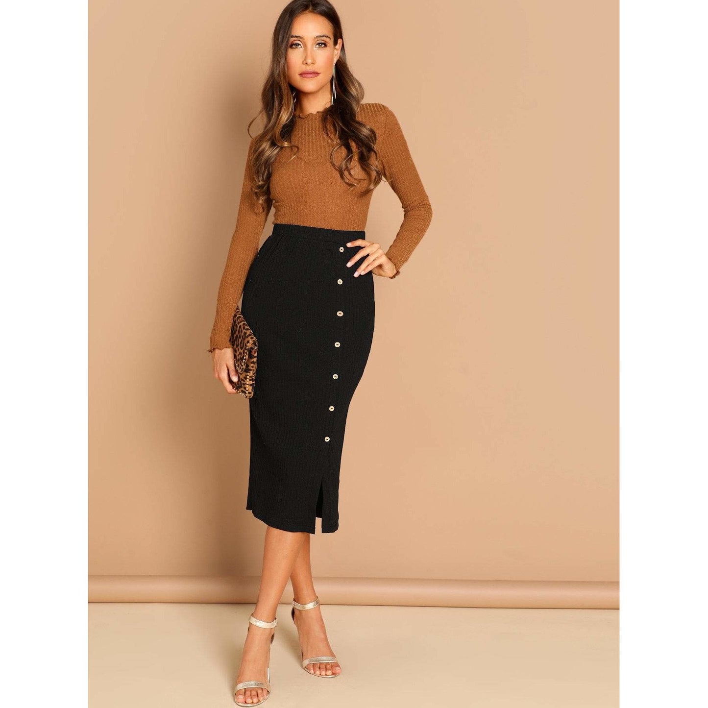 Button Front Ribbed Split Skirt