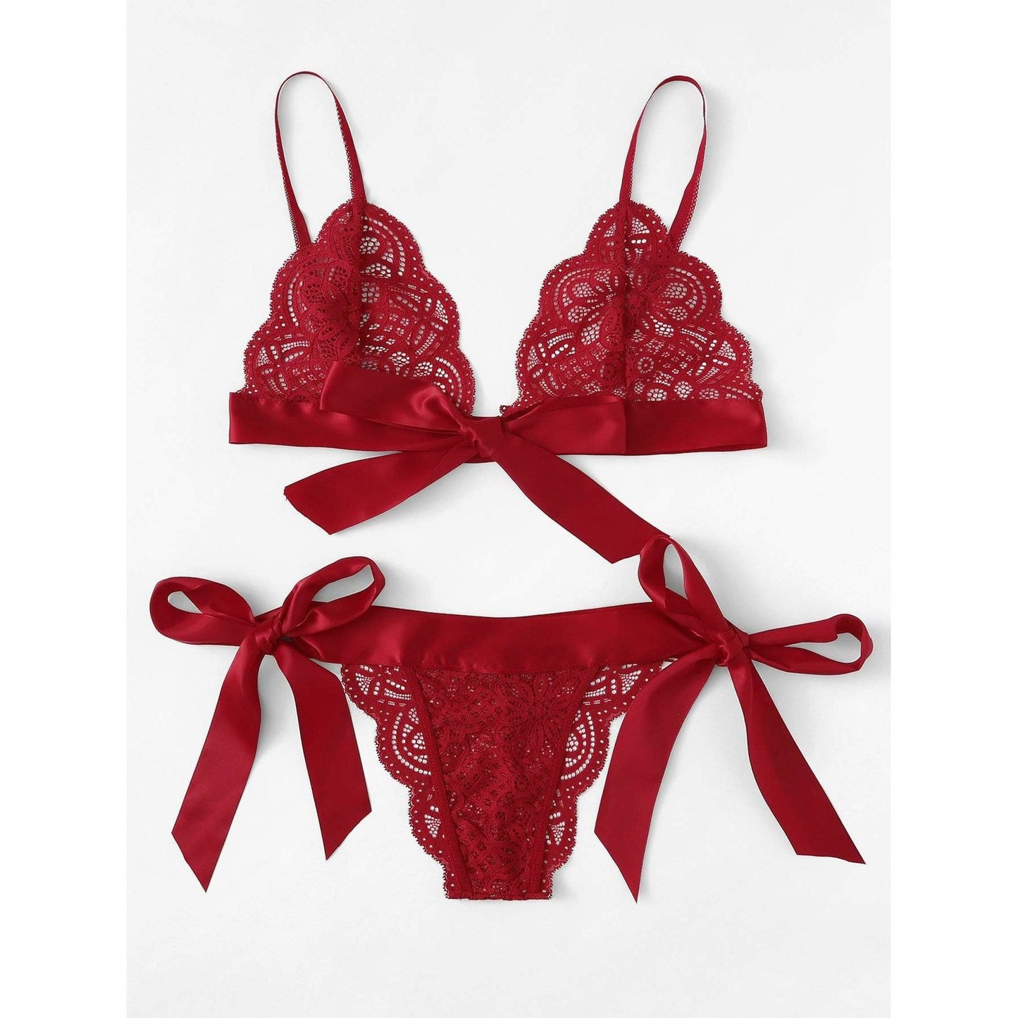Scalloped Trim Ribbon Lingerie Set