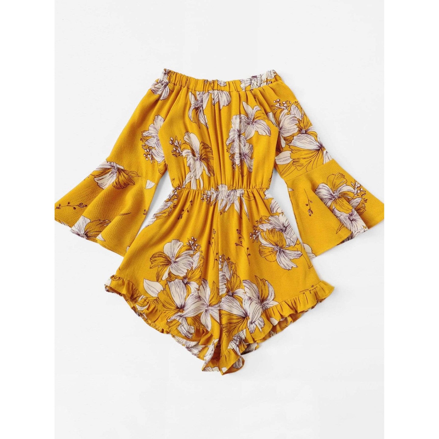 Off Shoulder Yellow Floral Print Romper