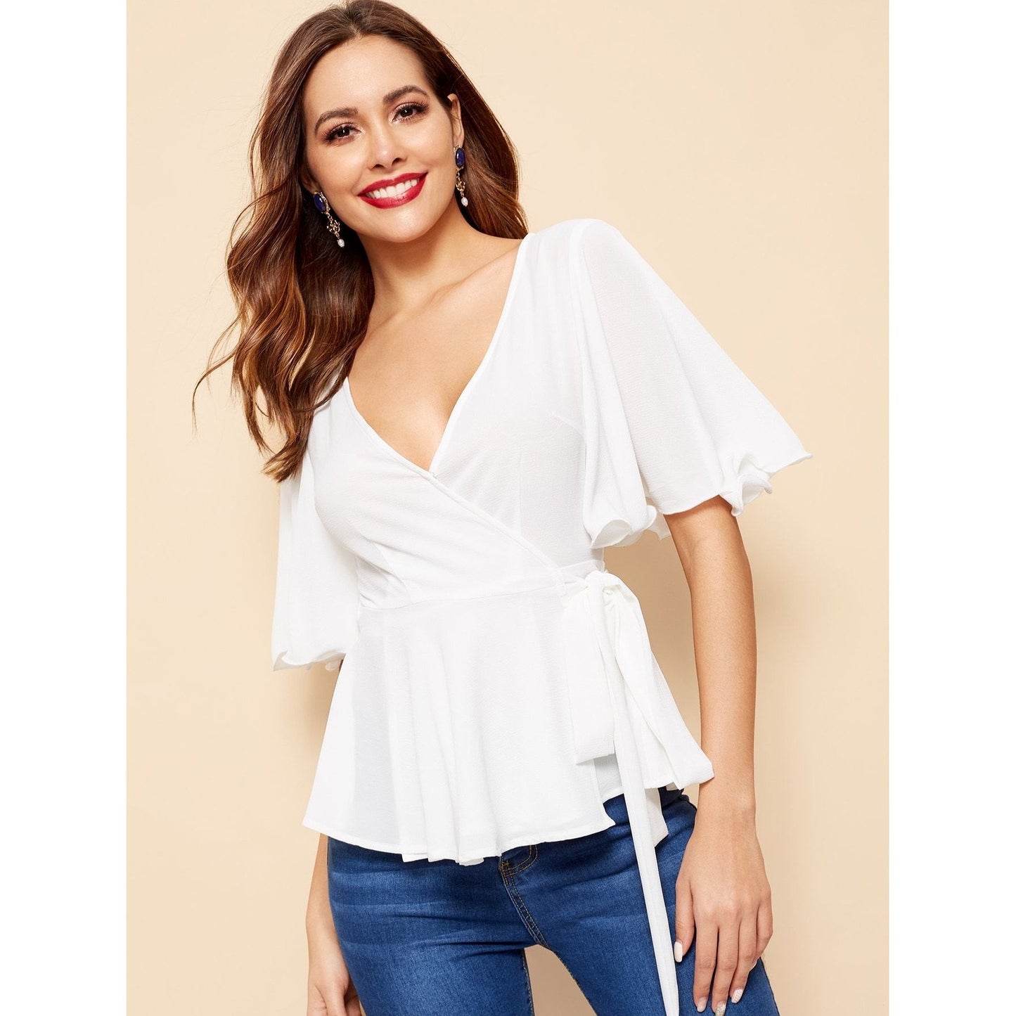 Pleated Wrap Bell Sleeve Top