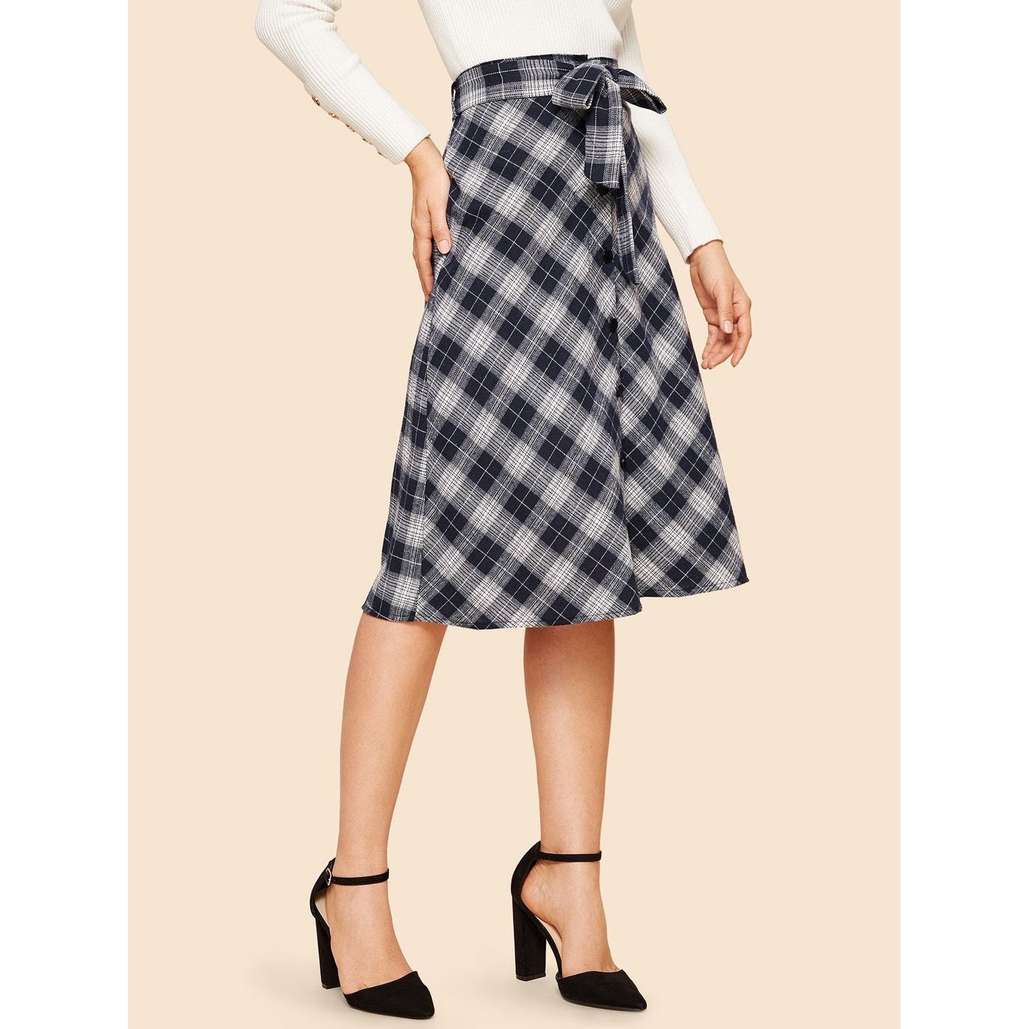 Button Up Plaid Belted Skirt