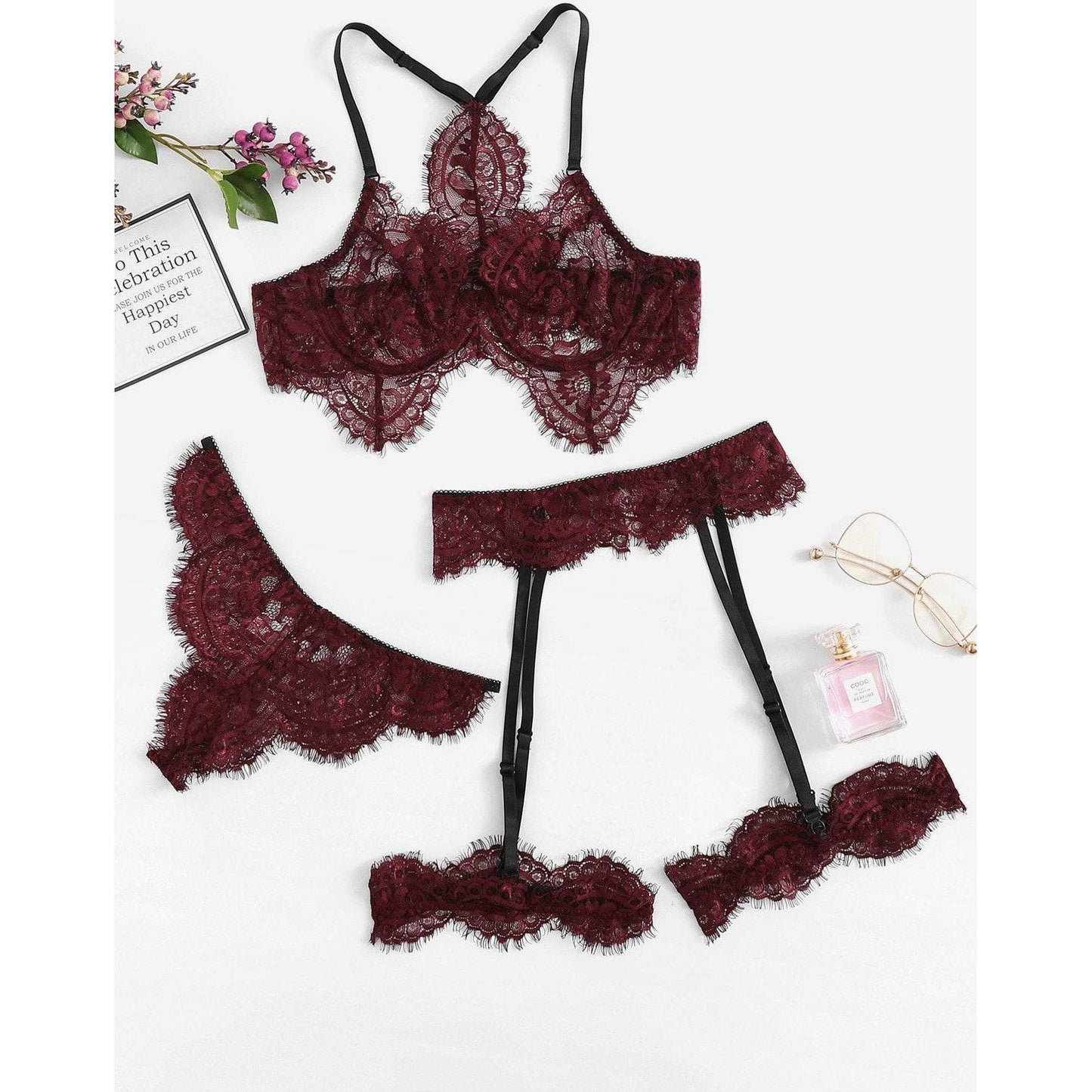 Eyelash Lace Garter Lingerie Set