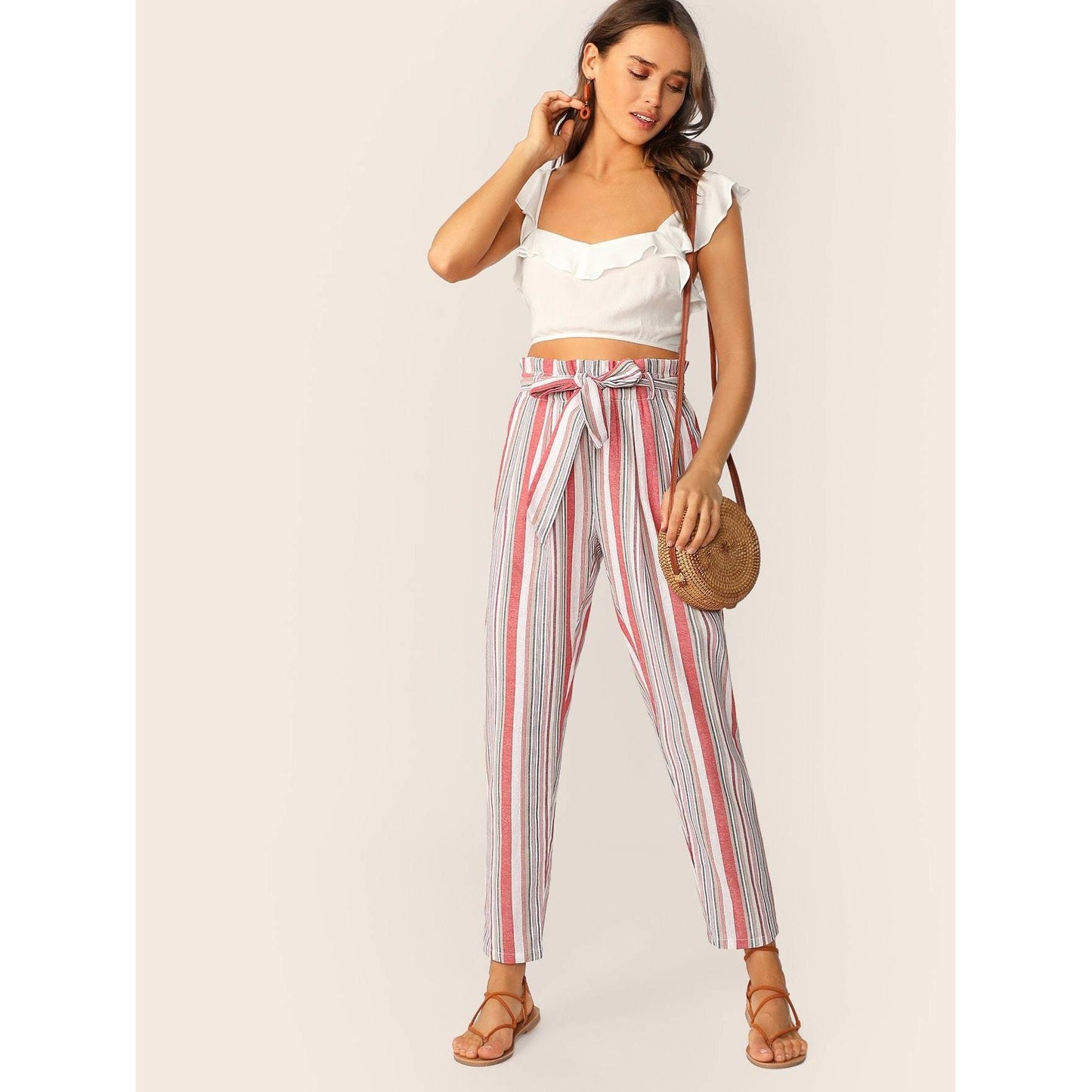 Paperbag Waist Red Striped Pants