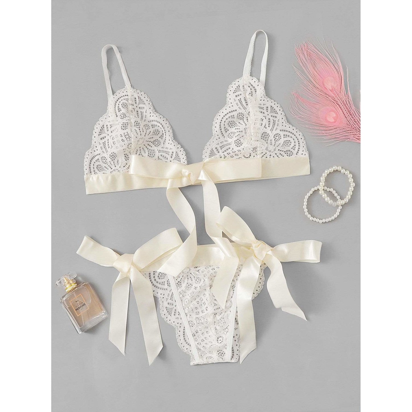 Scalloped Trim Ribbon Lingerie Set