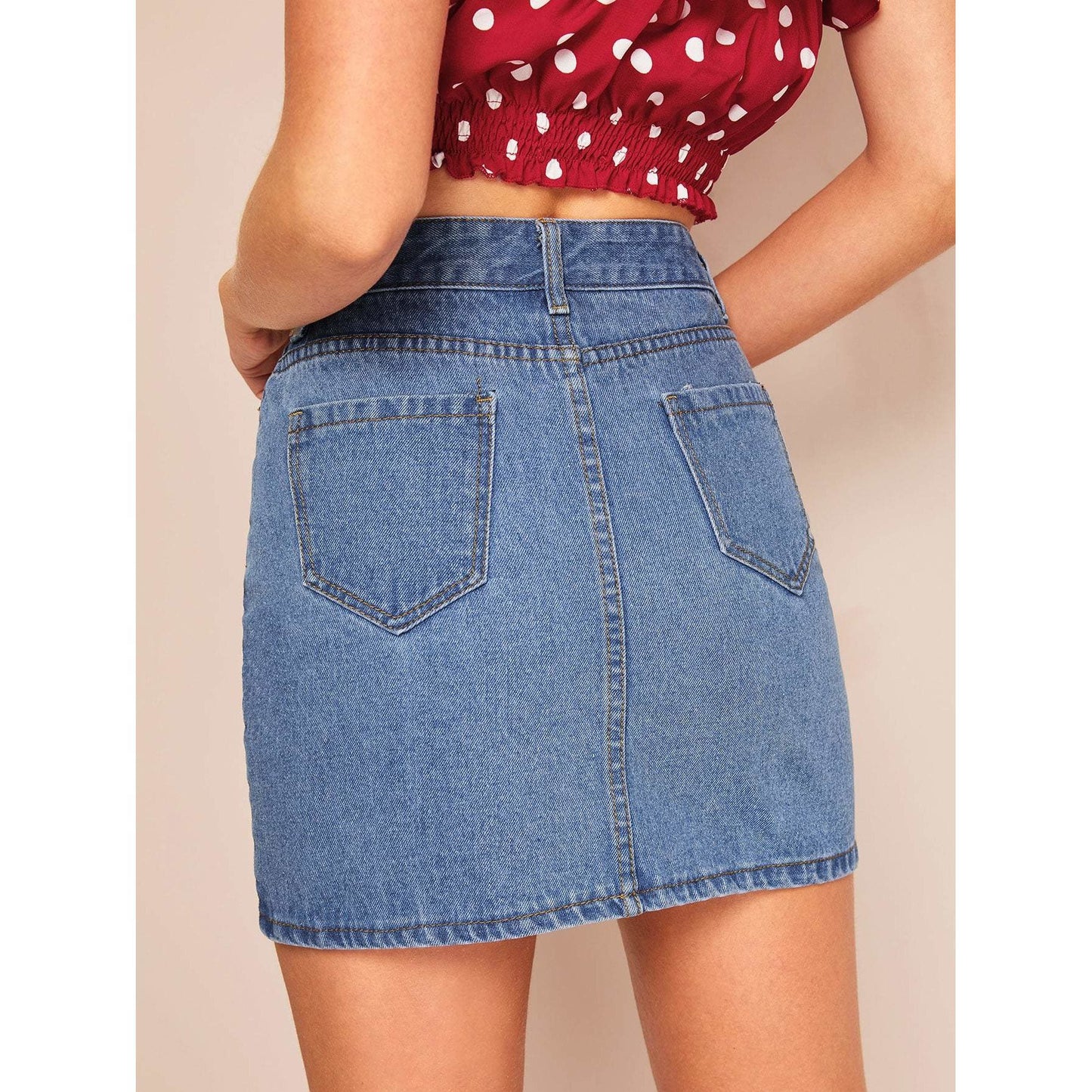 Stitch Detail High Waist Denim Skirt