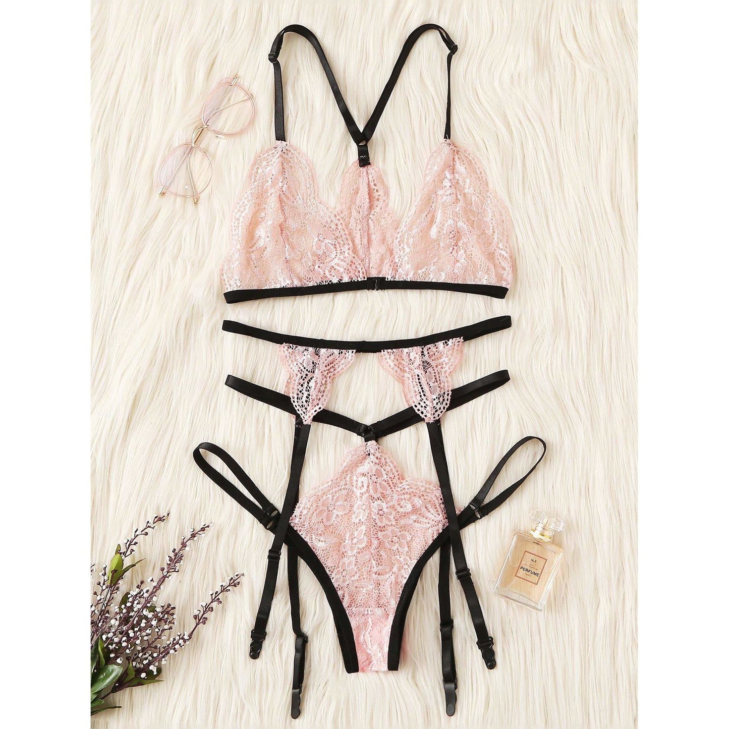 Pink Harness Detail Lace Garter Lingerie Set