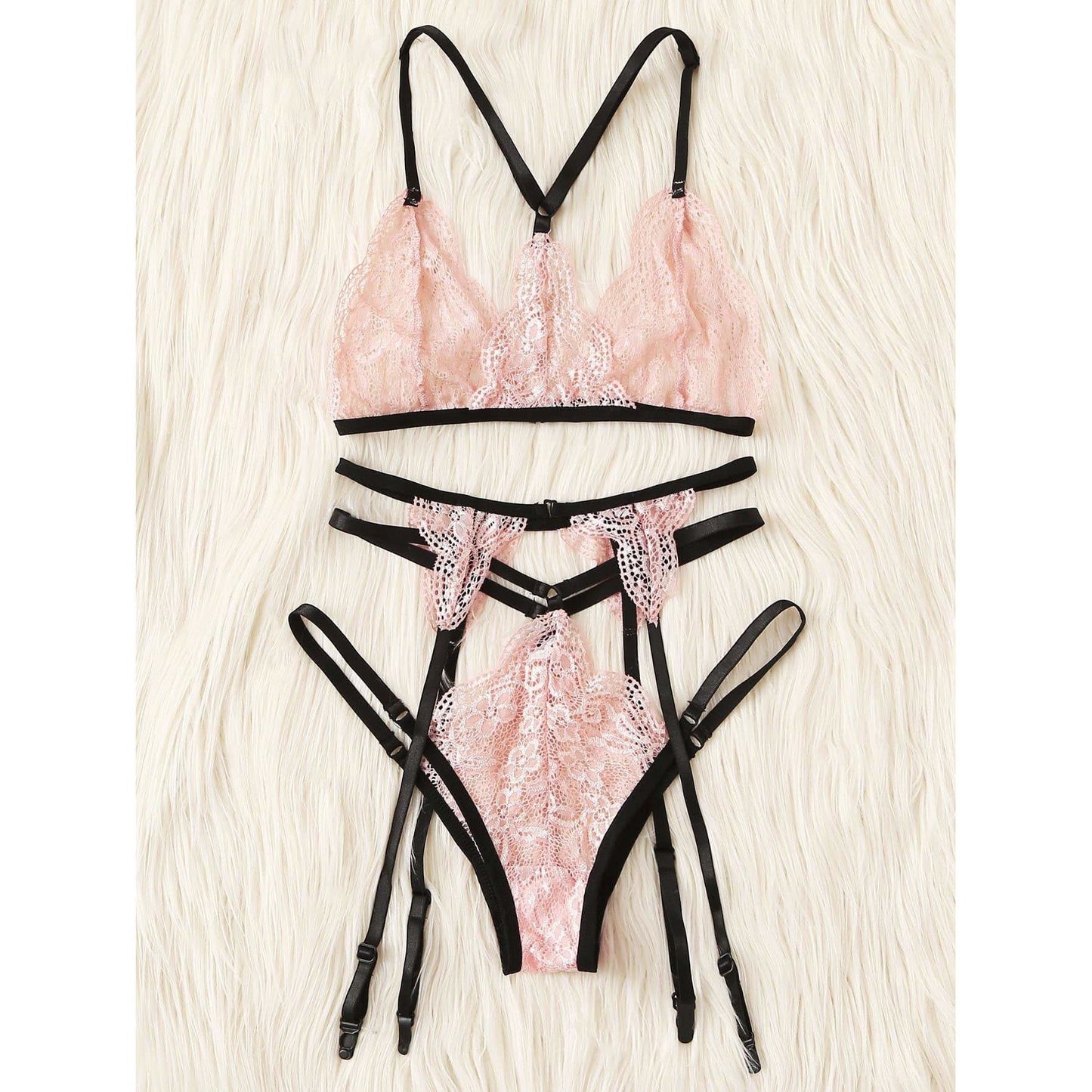 Pink Harness Detail Lace Garter Lingerie Set