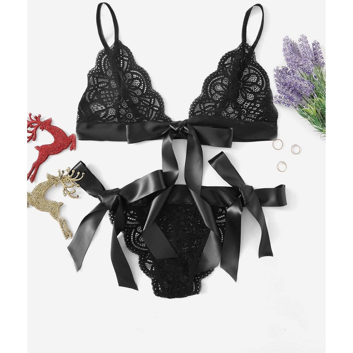 Scalloped Trim Ribbon Lingerie Set