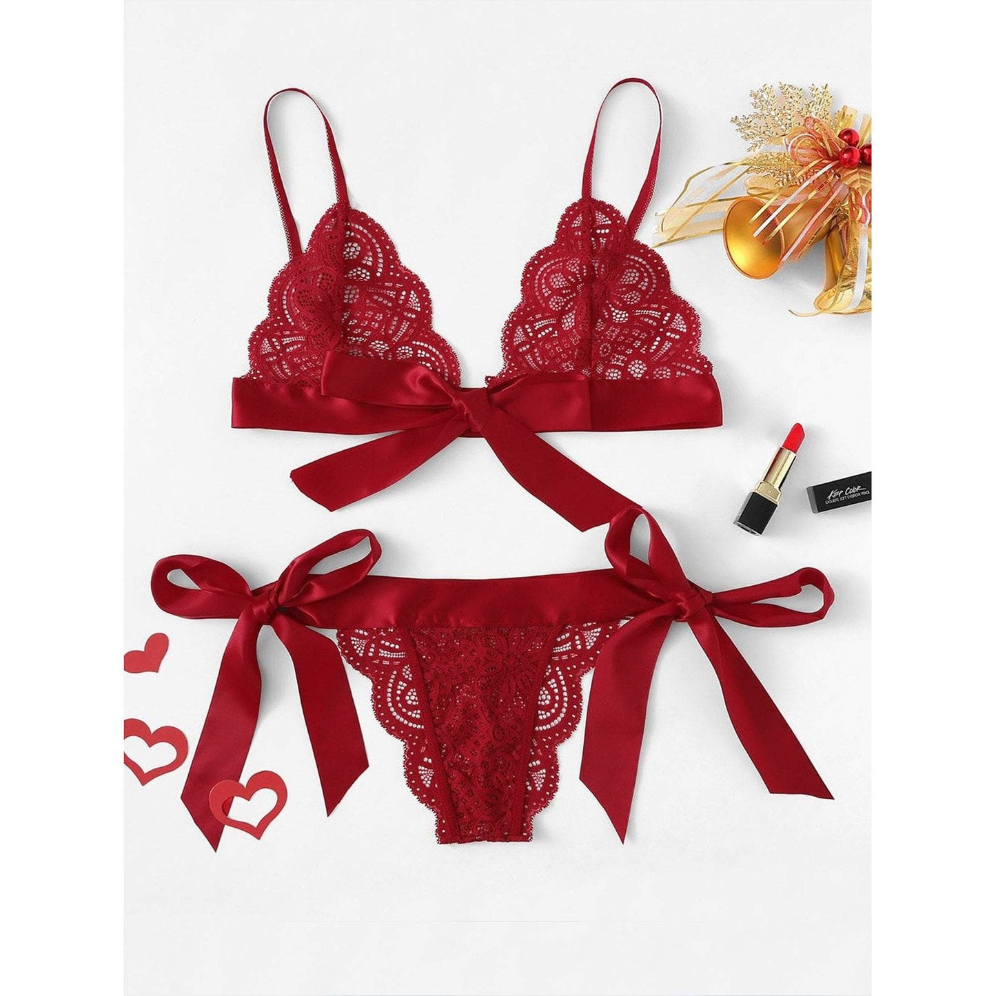 Scalloped Trim Ribbon Lingerie Set