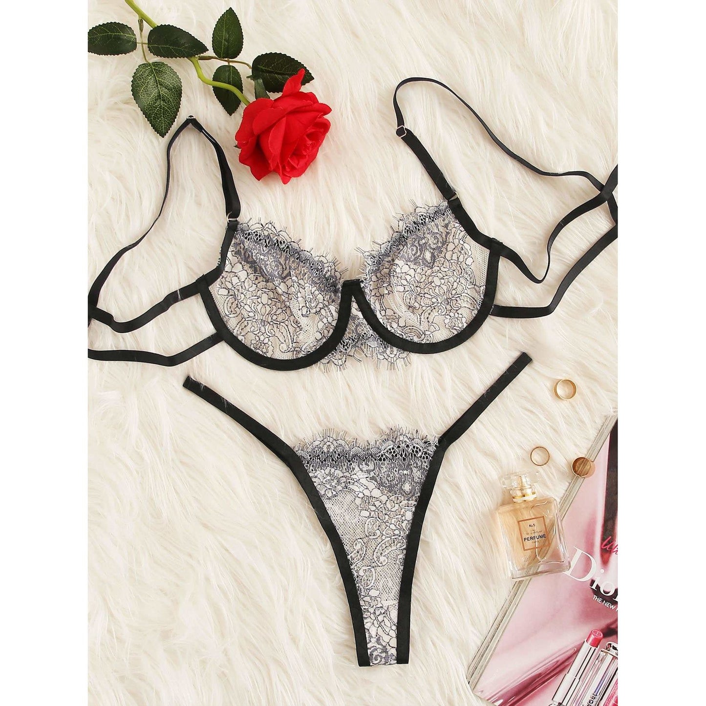 Pixie Eyelash Lace Underwire Garter Lingerie Set