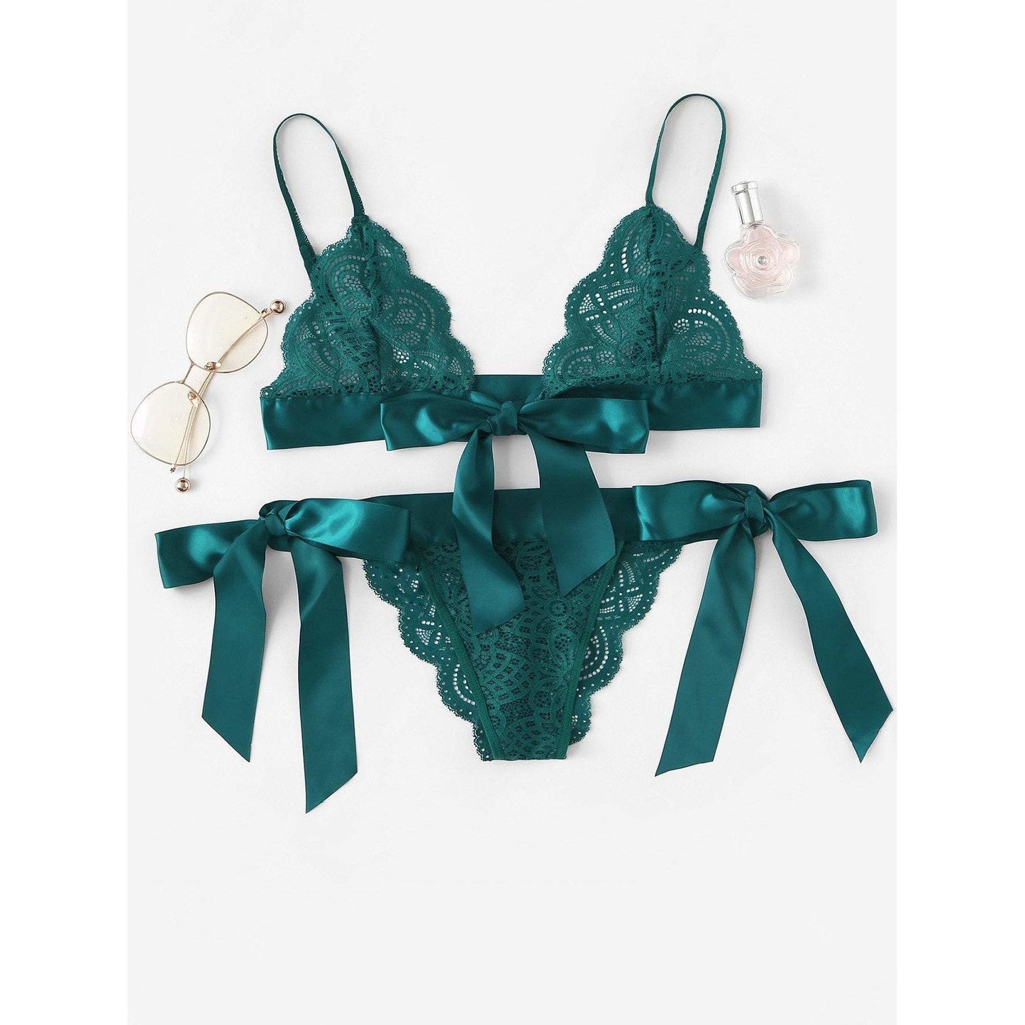 Scalloped Trim Ribbon Lingerie Set