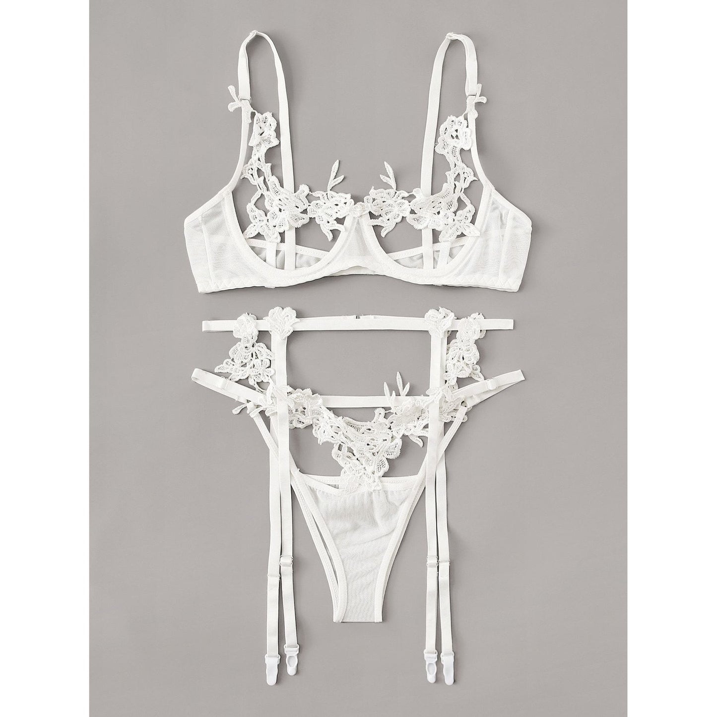 White Floral Lace Garter Lingerie Set