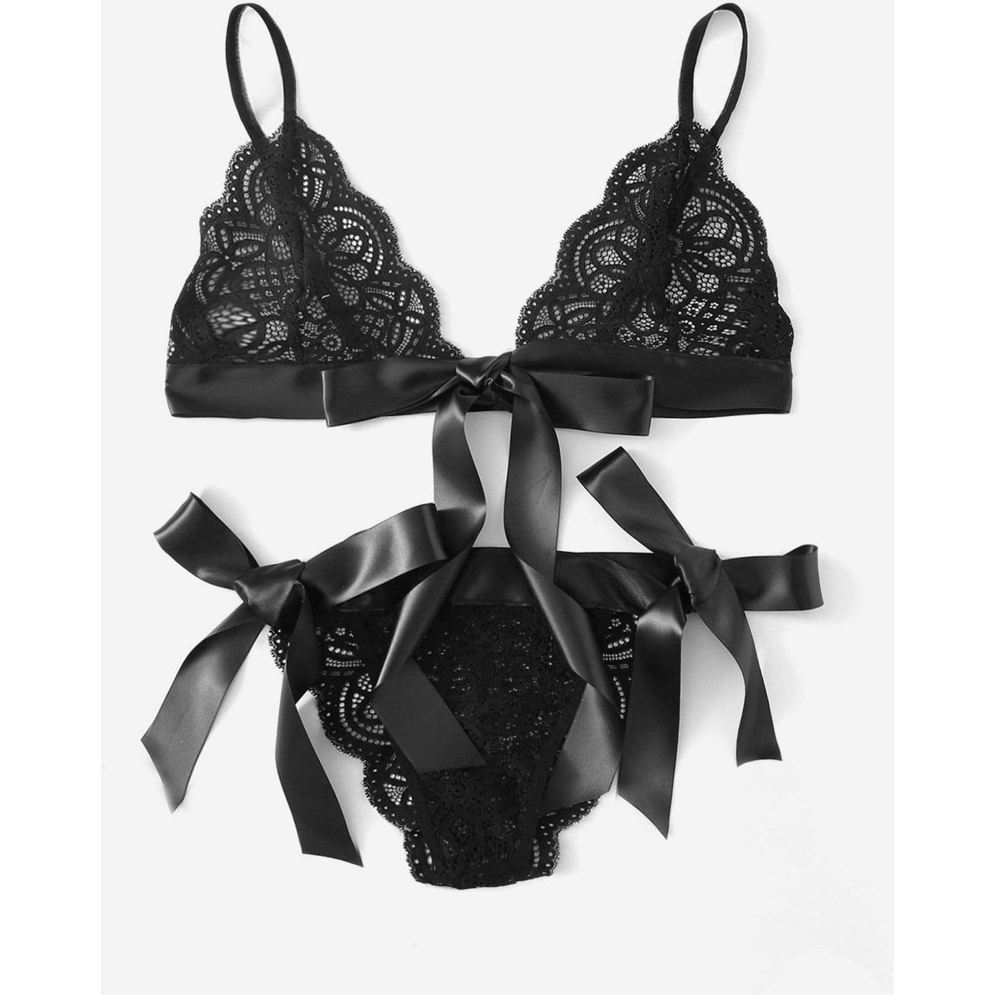 Scalloped Trim Ribbon Lingerie Set
