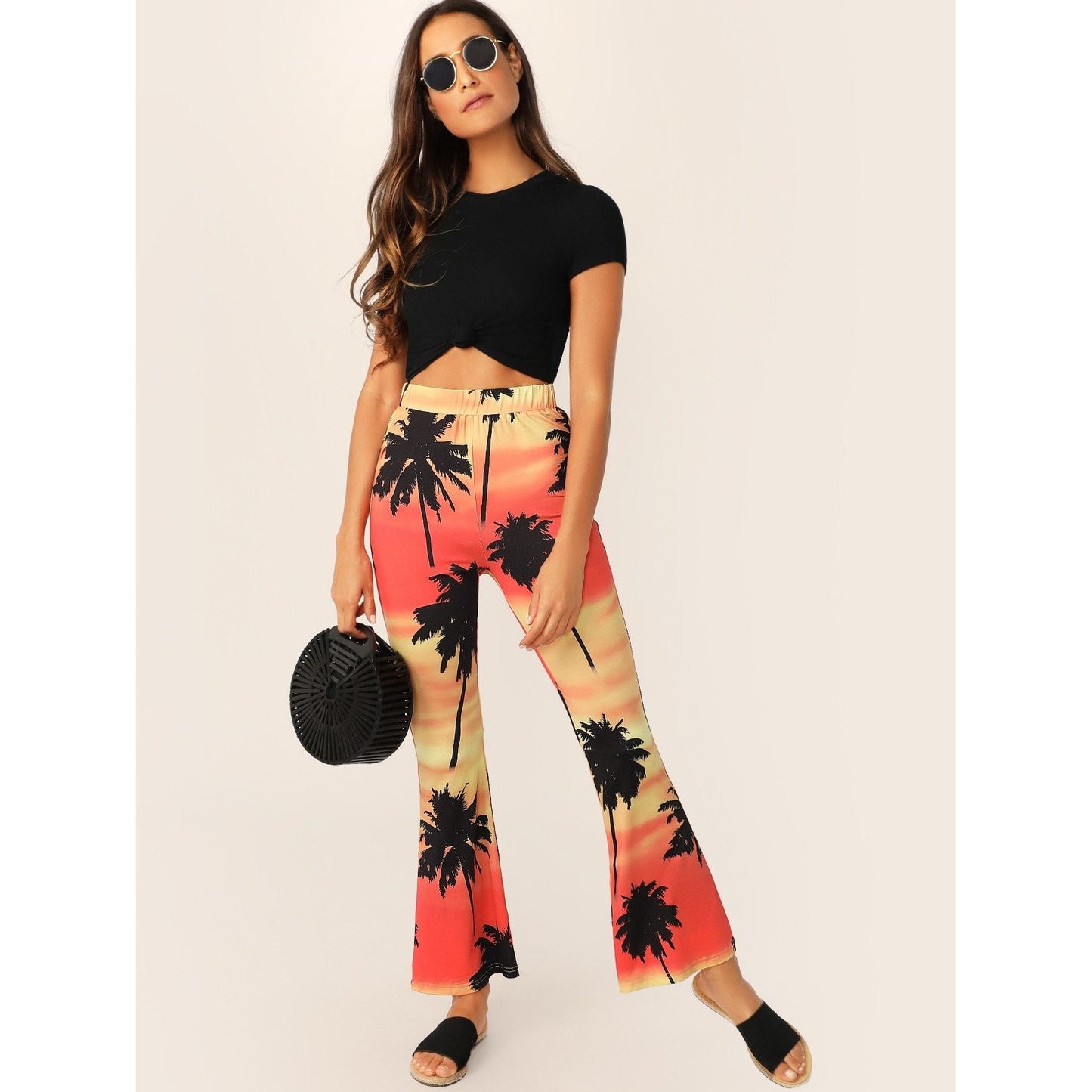 Elastic Waist Coconut Tree Flare Pants