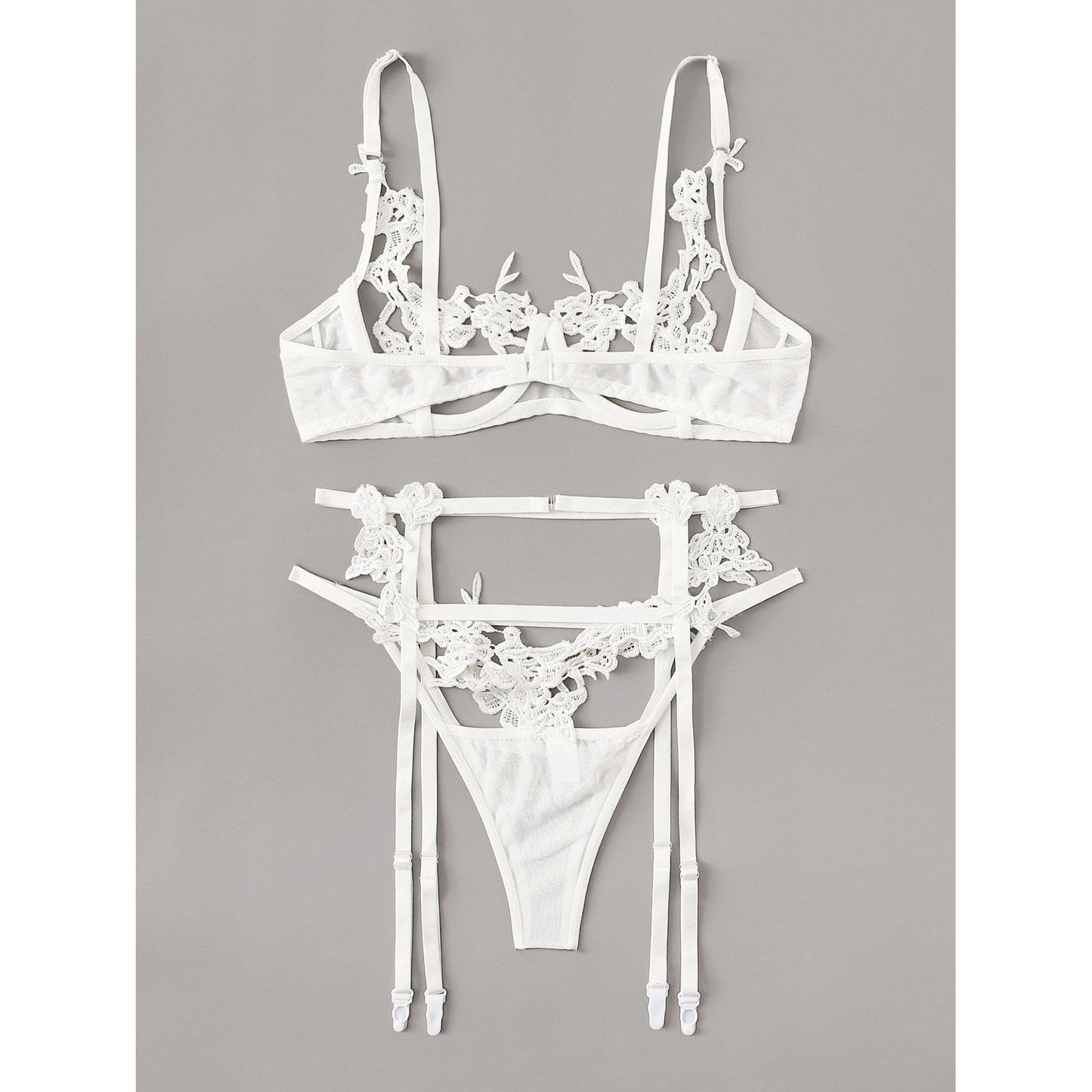 White Floral Lace Garter Lingerie Set