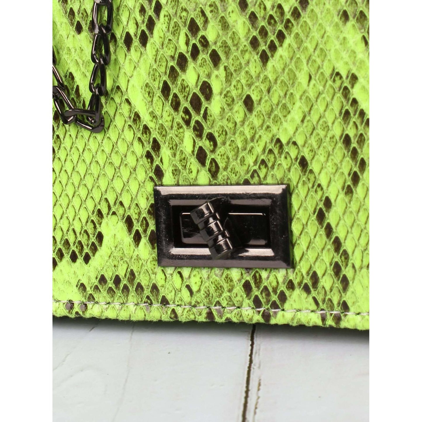 Neon Lime Snake Print Twist Lock Chain Bag
