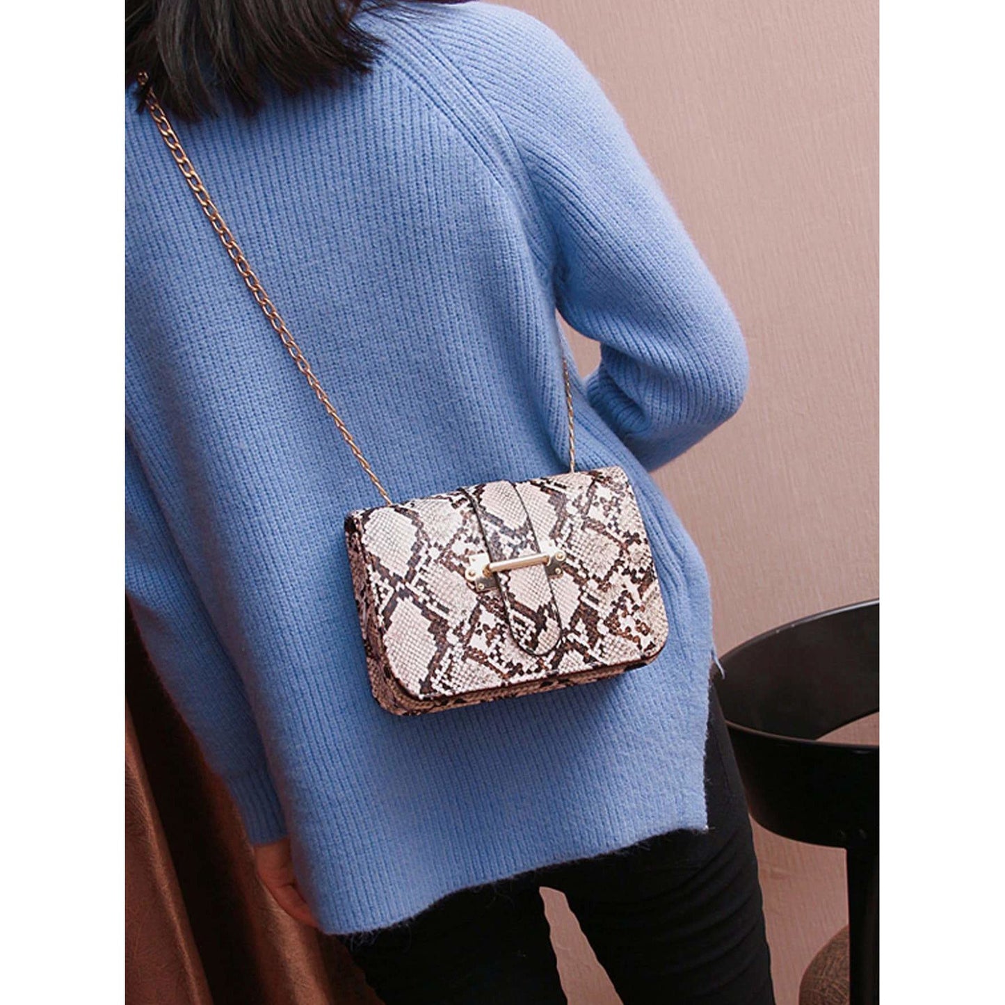 Snakeskin Print Chain Crossbody Bag