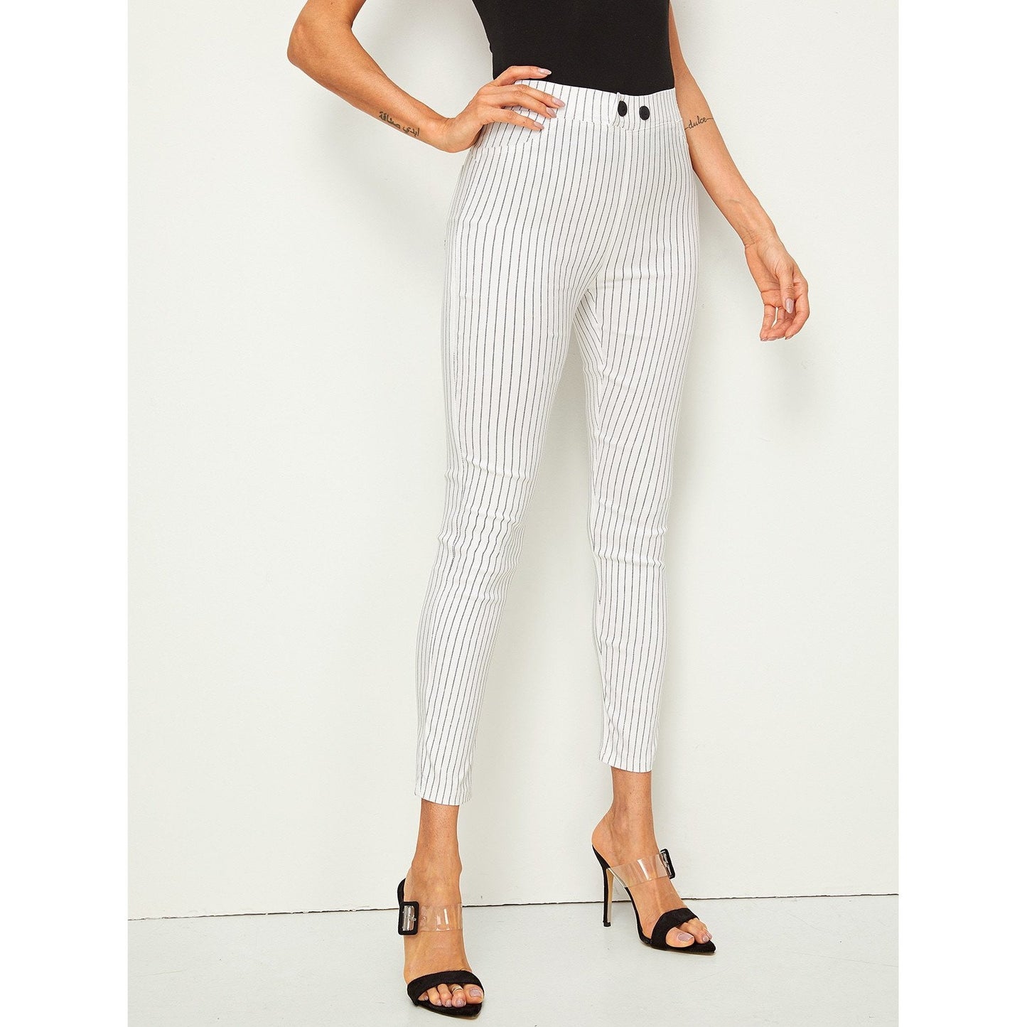 Striped Button Fly Skinny Jeans