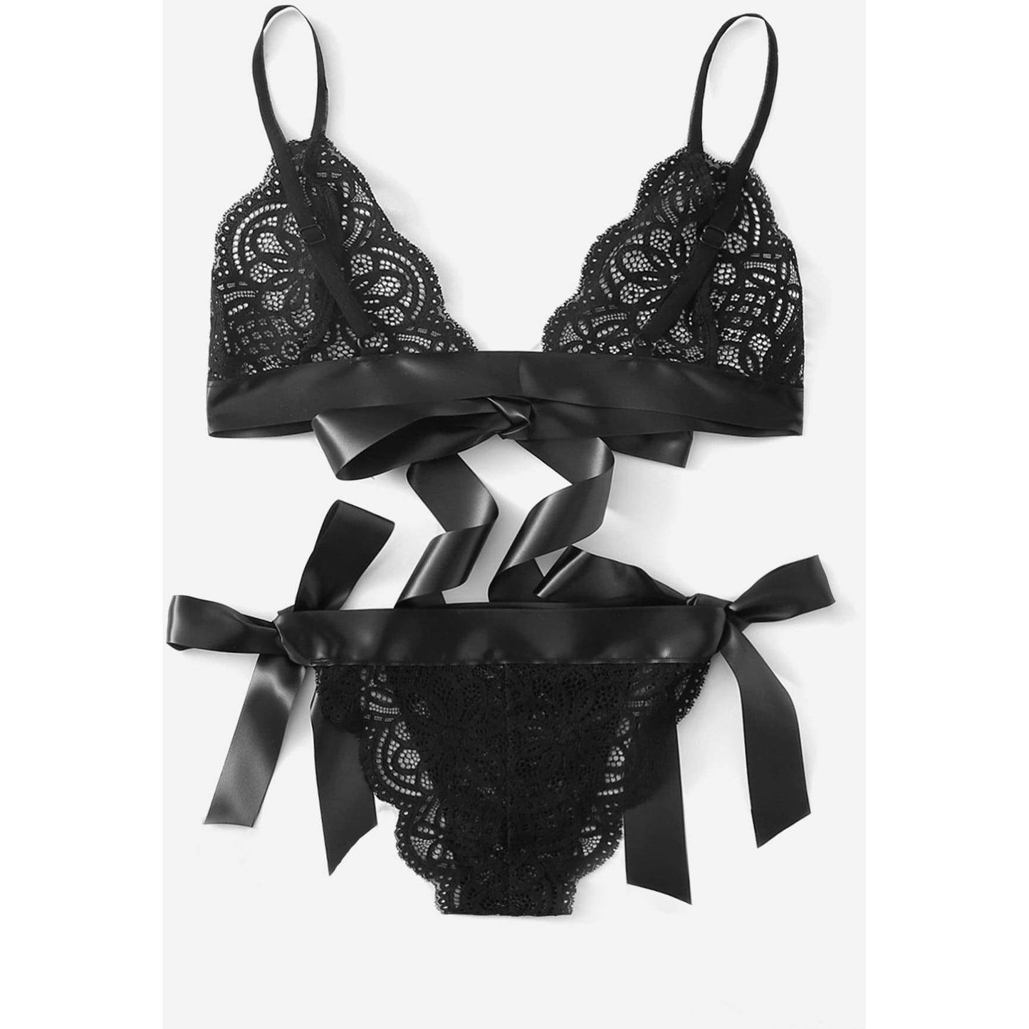Scalloped Trim Ribbon Lingerie Set