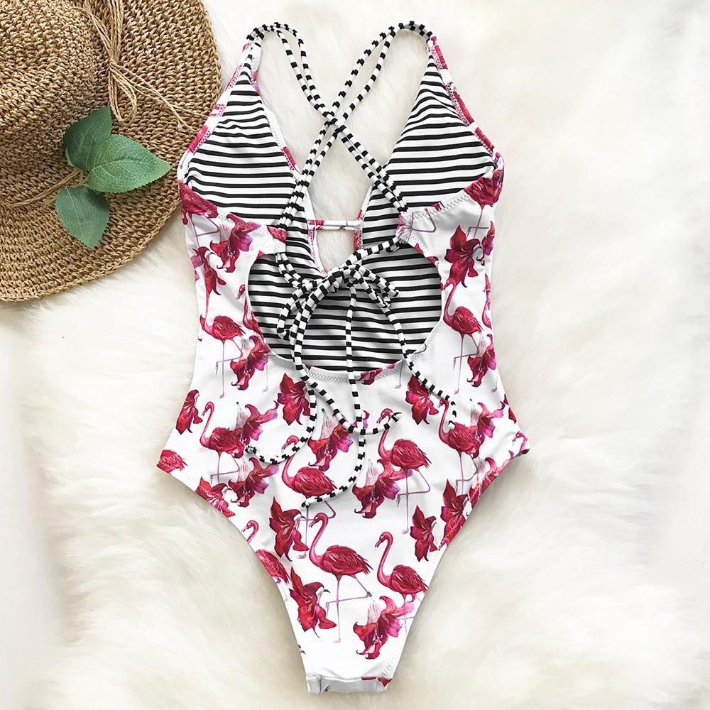 Dark Pink Flamingo Print One Piece Swimsuit