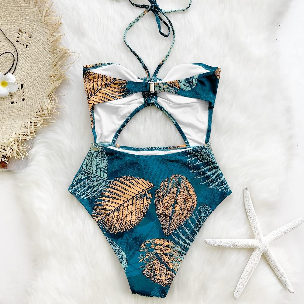 Golden Leaf Halter One Piece Swimsuit