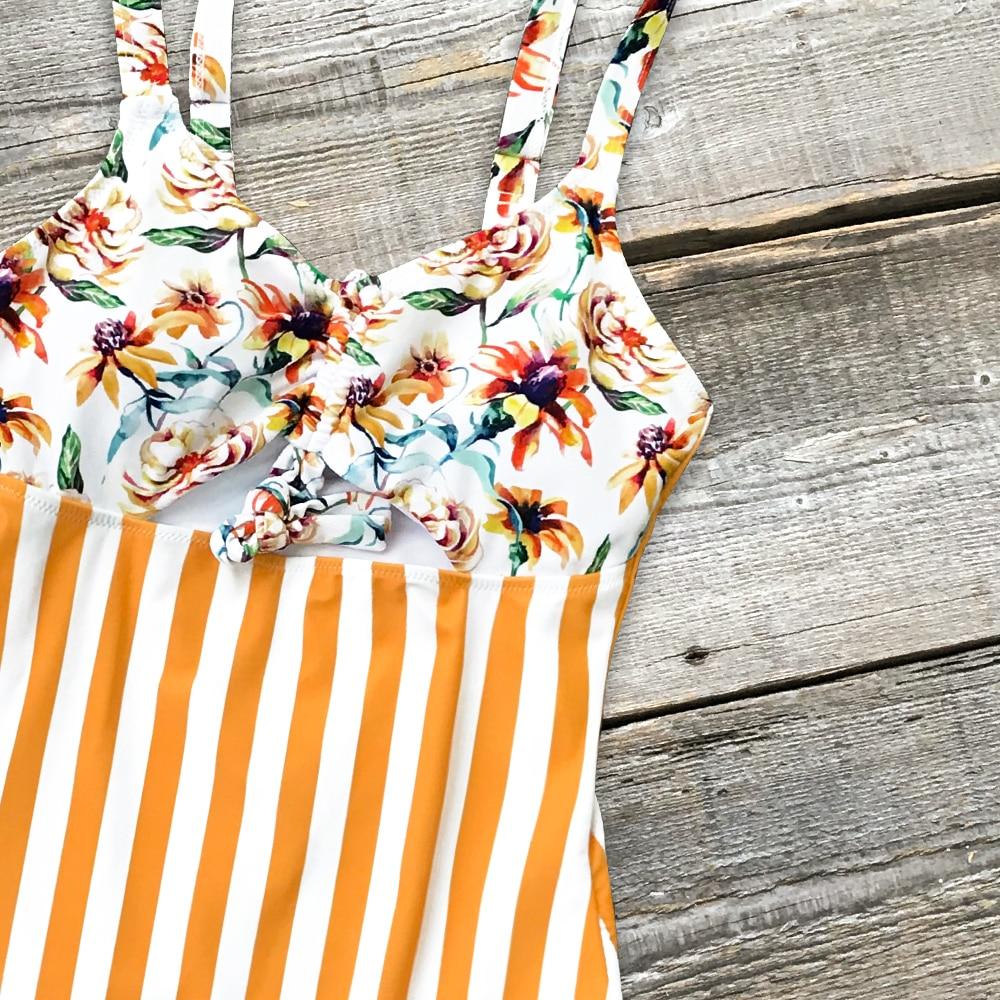 Orange Floral Stripe Ruffle One Piece Swimsuit