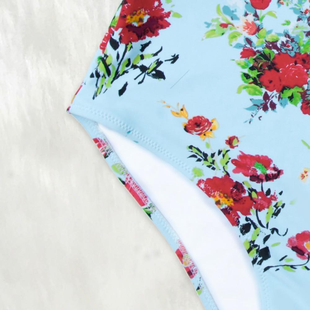 Blue And Red Floral Halter One Piece Swimsuit