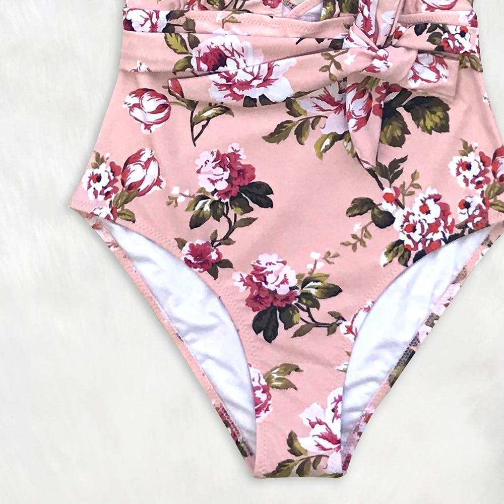 Pink Floral Belted Halter One Piece Swimsuit
