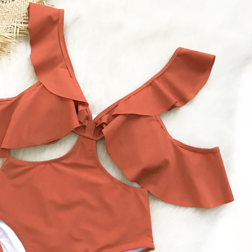 Orange Ruffle Cold Shoulder One Piece Swimsuit