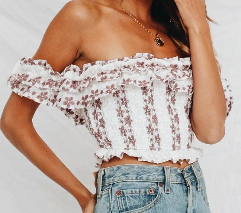 Faded Flower Print Off Shoulder Ruffled Top