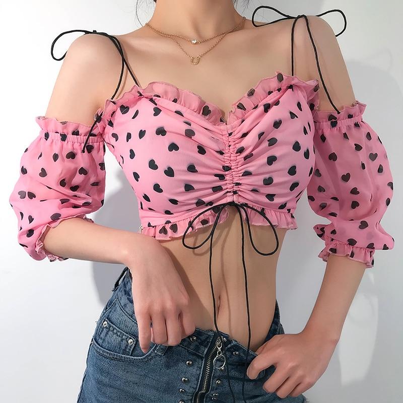 Black Heart Print Ruffled Tube Top