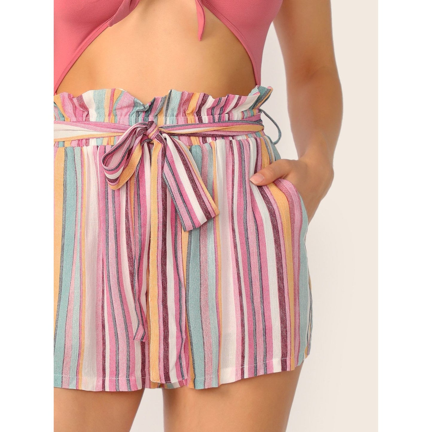 Pastel Paperbag High Waist Pocket Belted Shorts