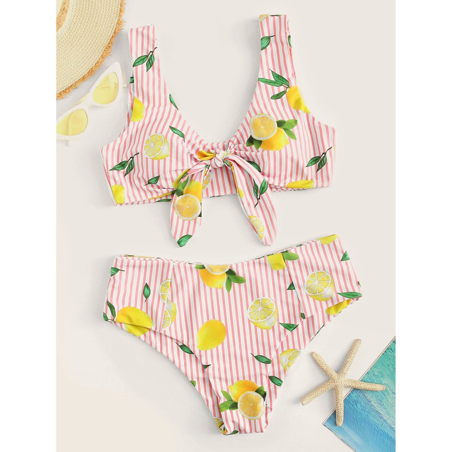 Pink Striped and Lemon Print Knot Bikini Set