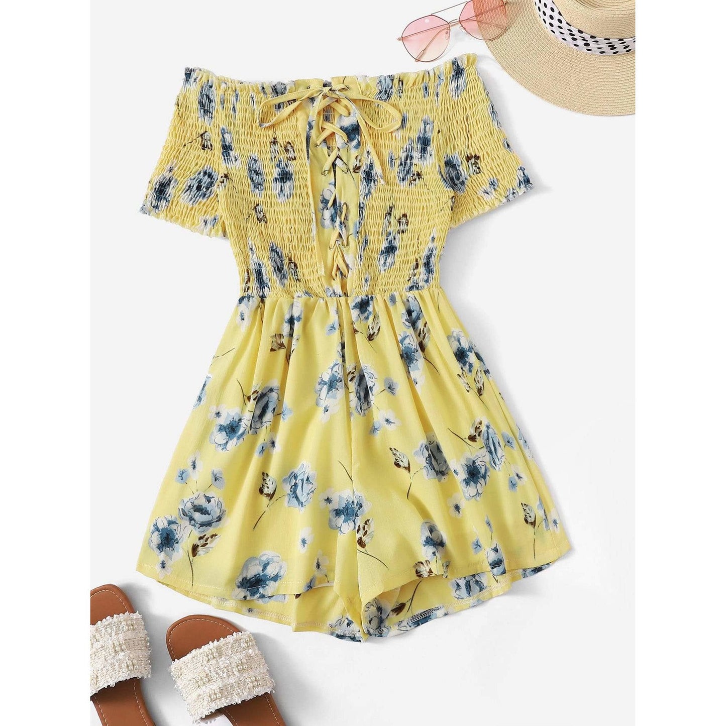 Floral Print Shirred Off The Shoulder Playsuit