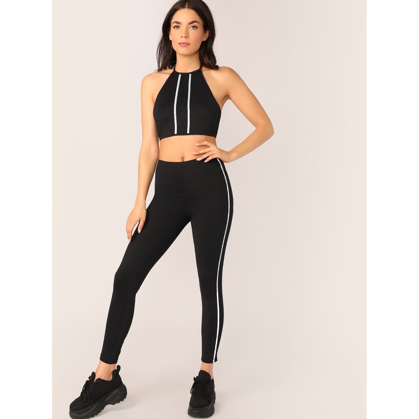 Reflective Stripe Halter Neck Top And Pants Set