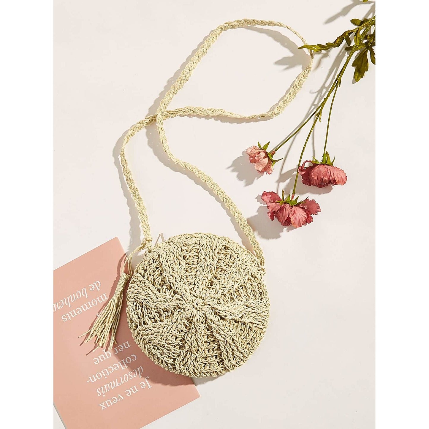 Tassel Detail Round Straw Crossbody Bag
