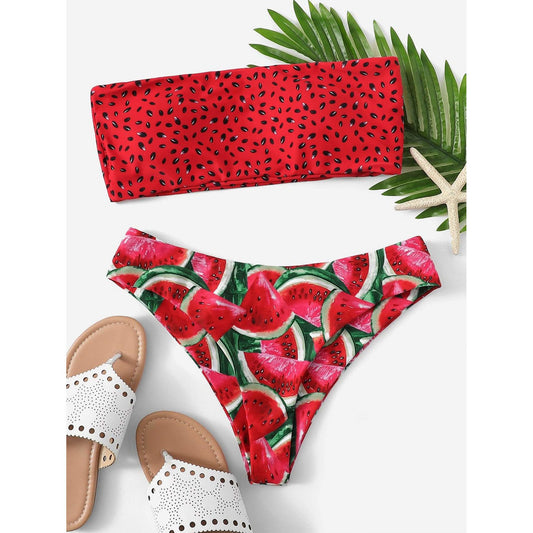 Watermelon Print Bandeau Bikini Set