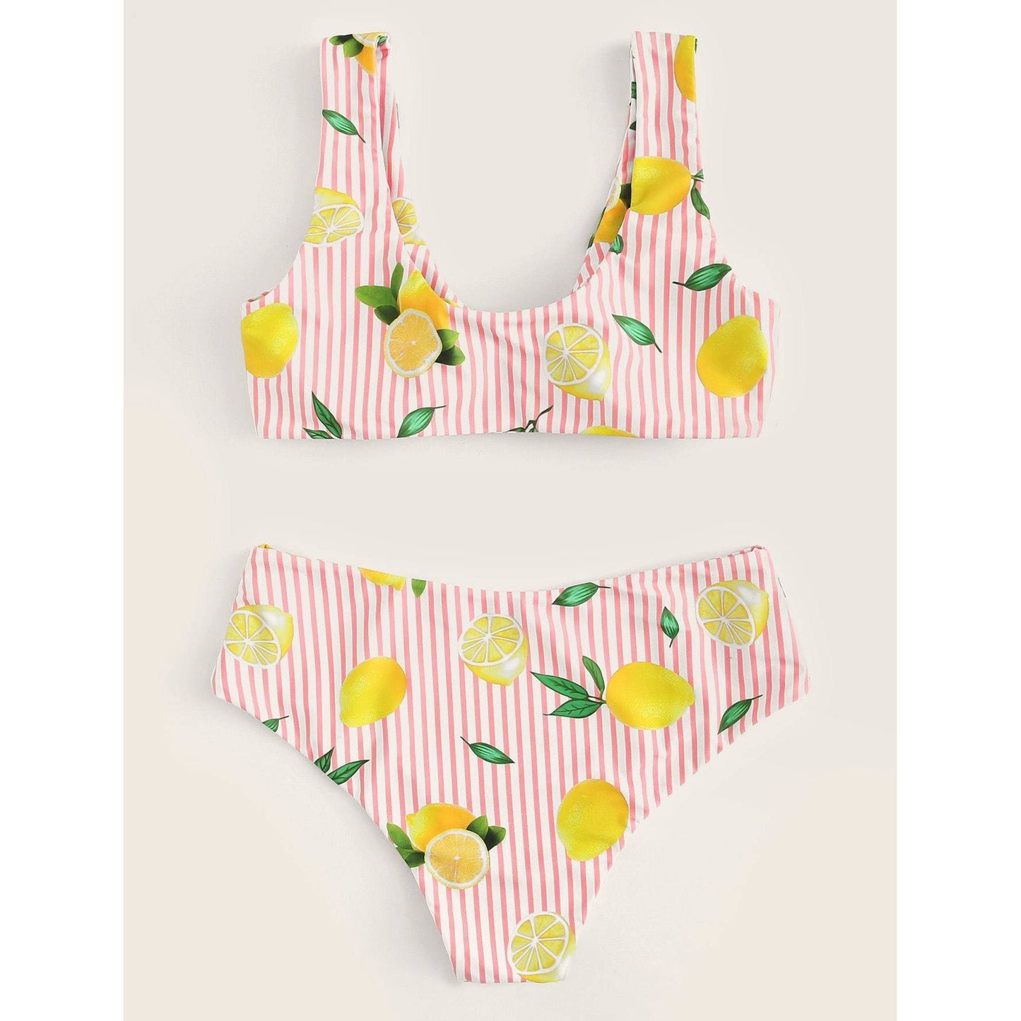 Pink Striped and Lemon Print Knot Bikini Set