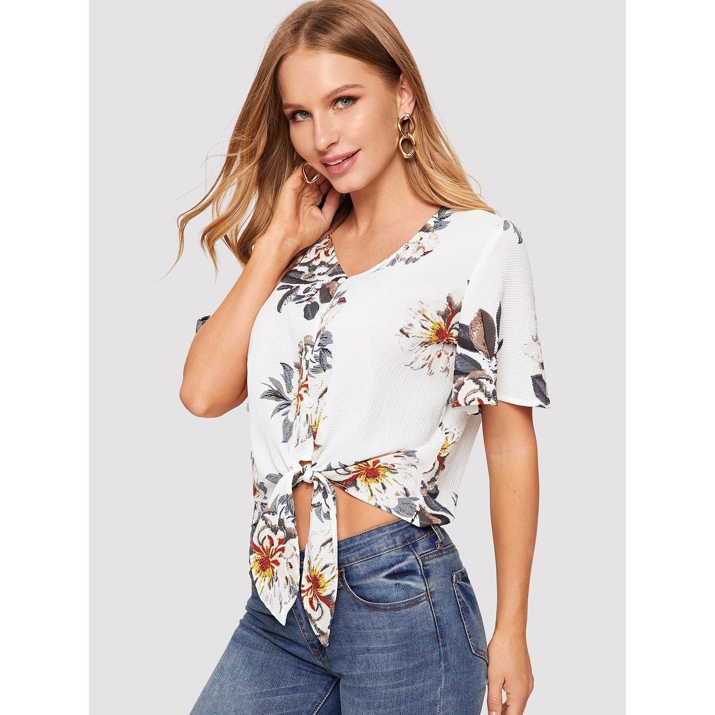 Buttoned Knot Front Tropical Top