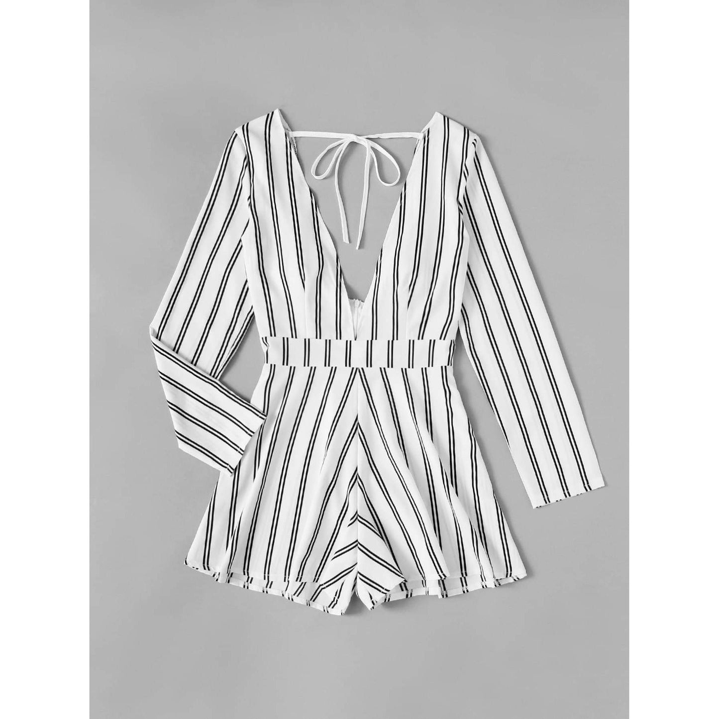 Deep V Neckline Tie Back Striped Romper