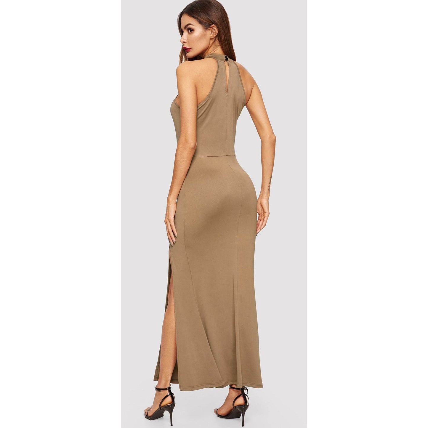 Button Keyhole Back Split Halter Maxi Dress