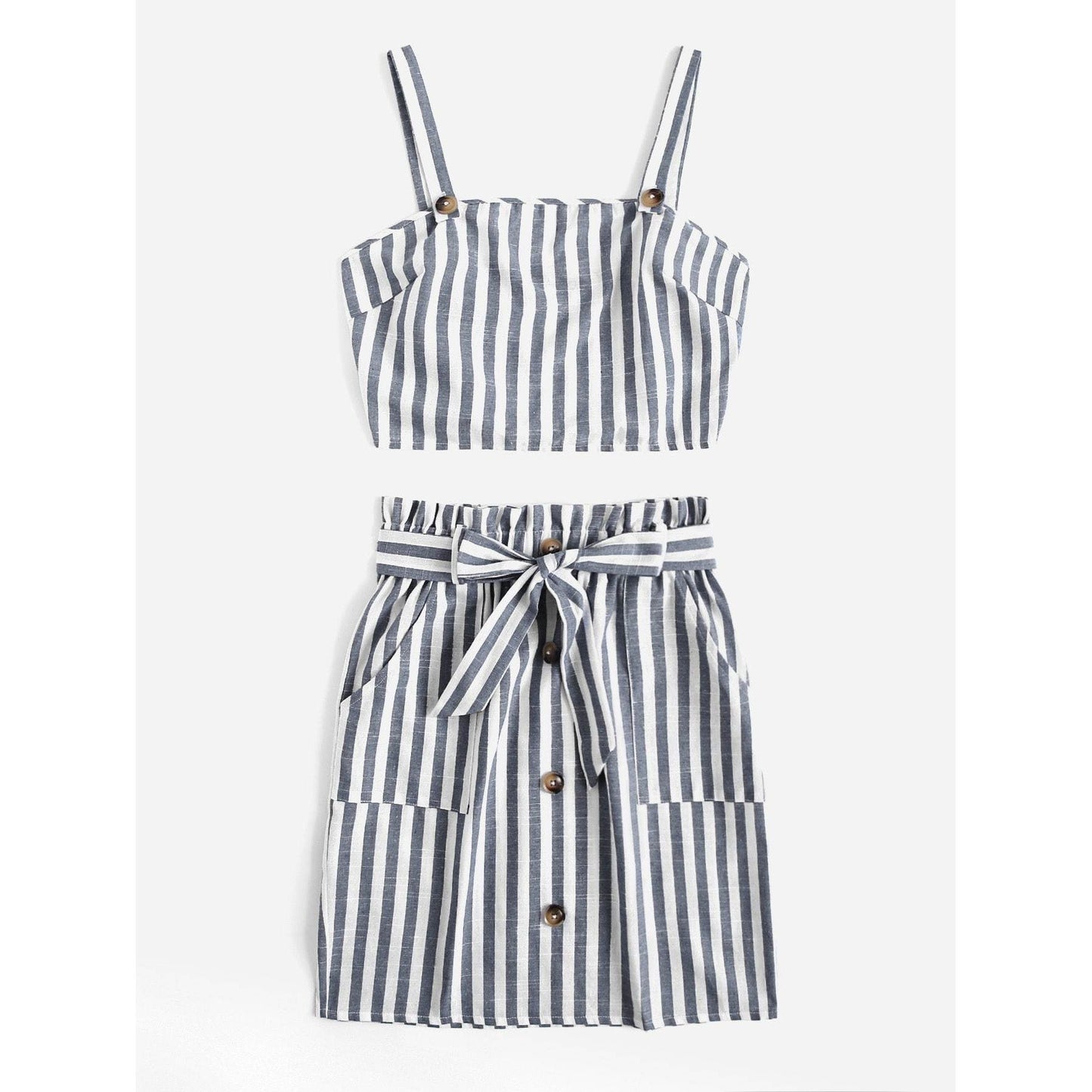 Striped Crop Cami Top Belted Set