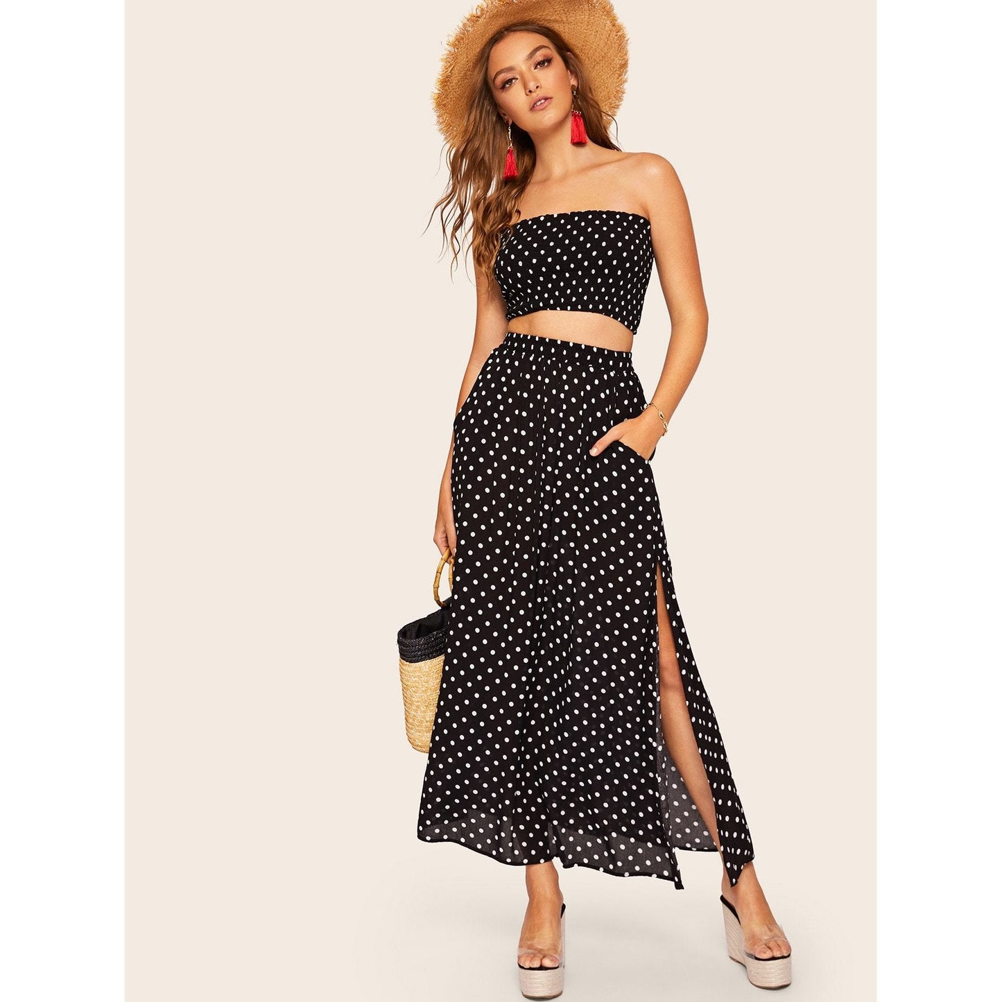 Polka Dot Shirred Maxi Set