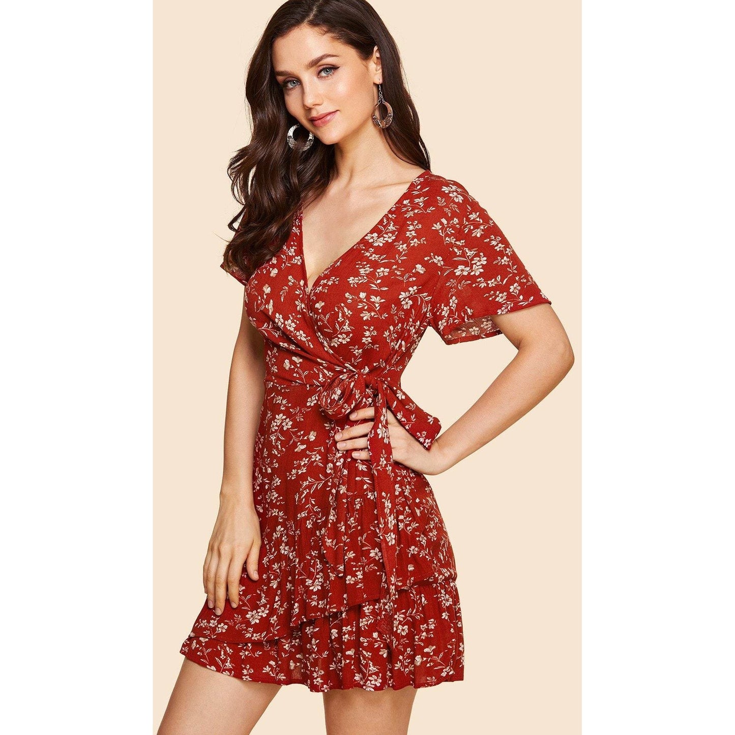 Red Wrap Tie Waist Calico Dress