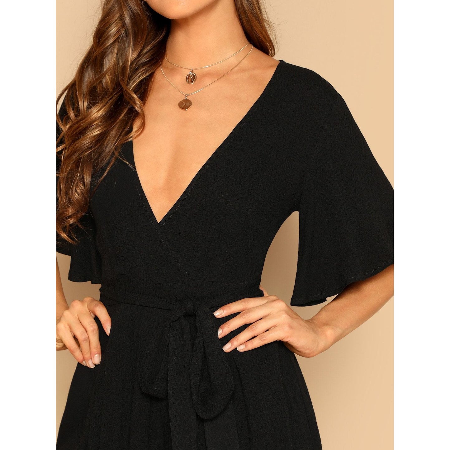 Deep V Neck Flutter Sleeve Belted Romper