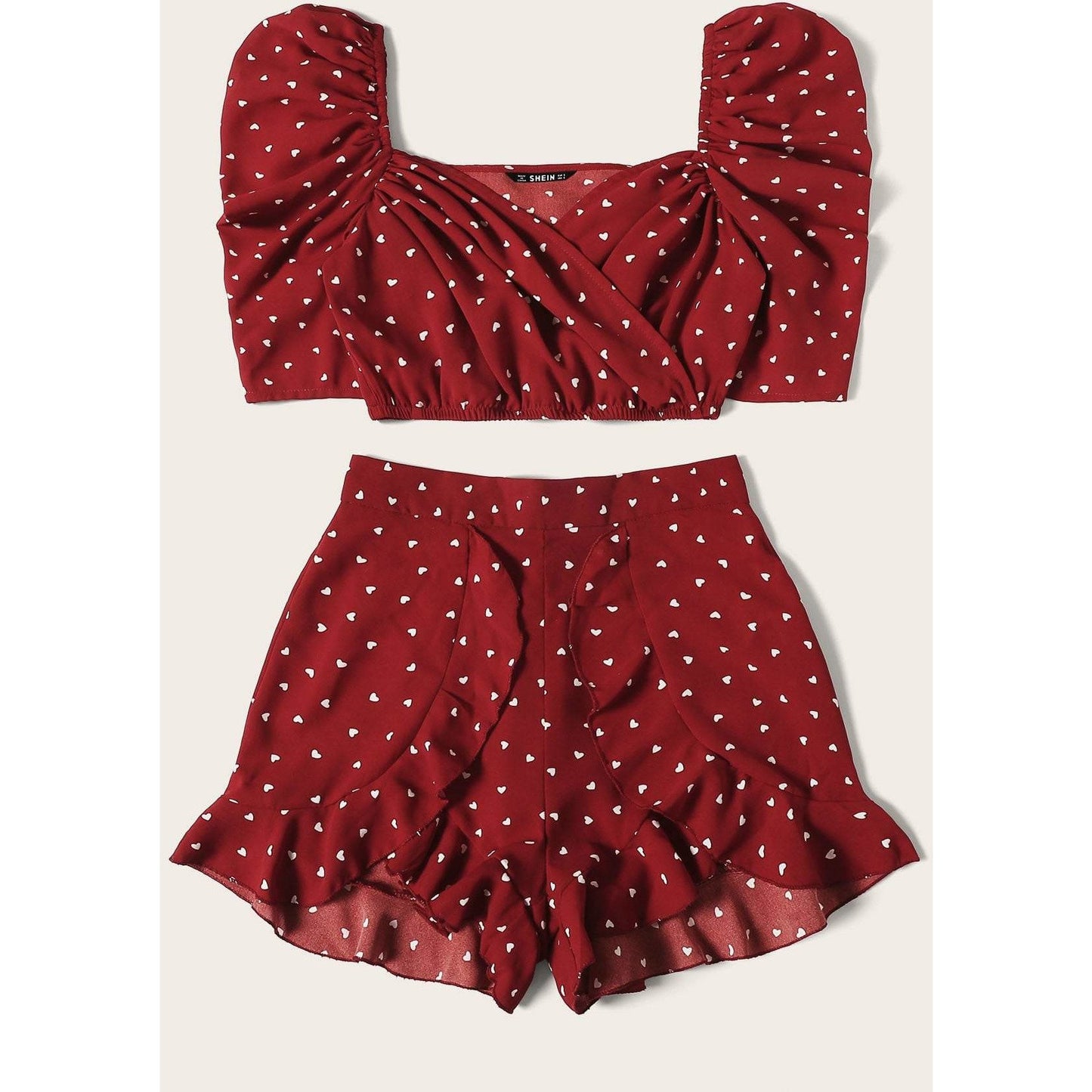 Heart Print Puff Sleeve Top With Ruffles Set