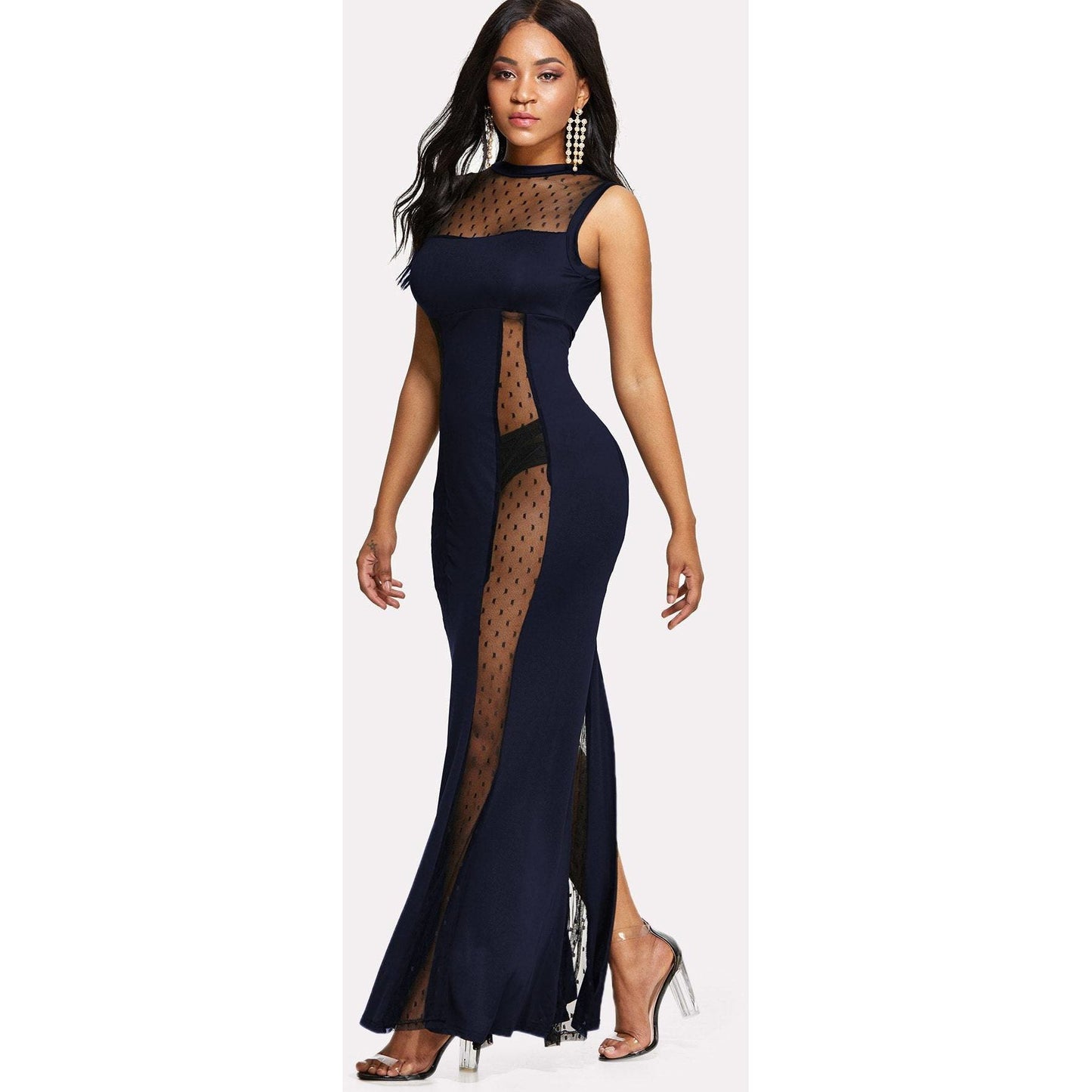 Megan Mesh Yoke Split Maxi Dress