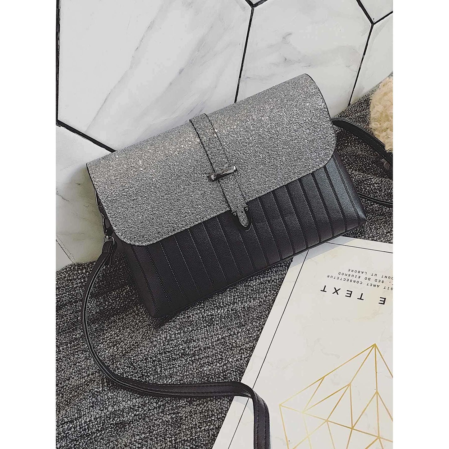 Ribbed Detail Glitter Shoulder Bag